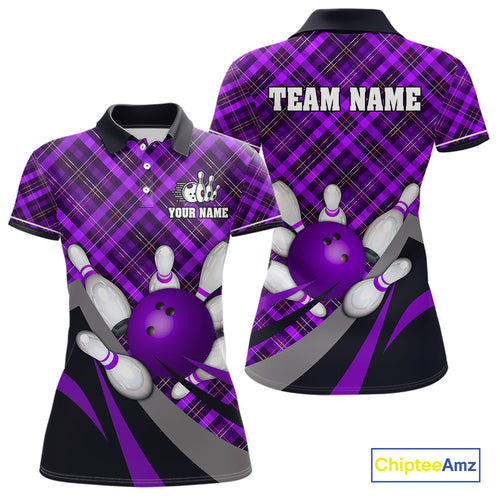 Purple Plaid pattern Bowling shirts For Women Custom Team Bowling Jersey Xmas Gift For Bowlers NQS10494