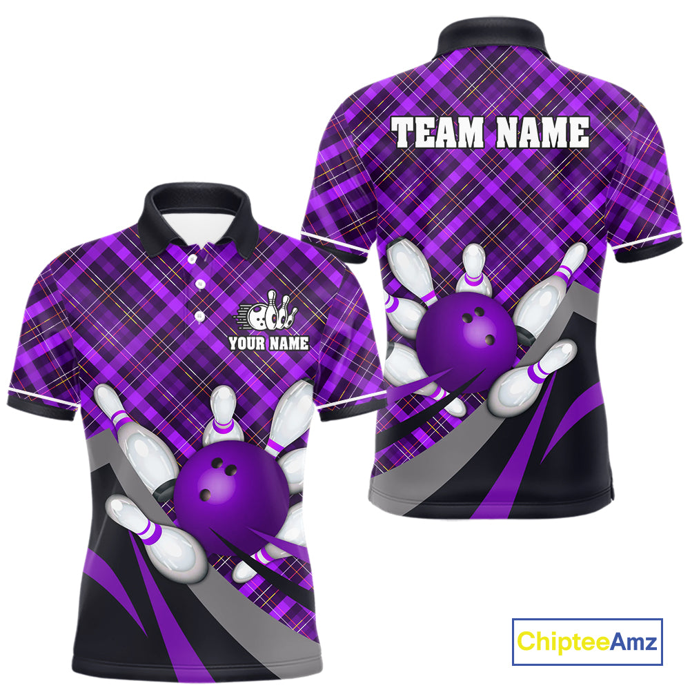 Purple Plaid pattern Bowling shirts For Men Custom Team Bowling Jersey Xmas Gift For Bowlers NQS10494