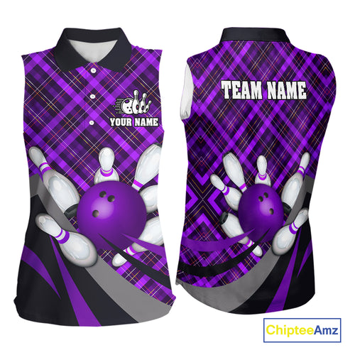 Purple Plaid pattern Bowling Sleeveless Polo shirt Custom Team Bowling Jersey Xmas Gift For Bowlers NQS10494