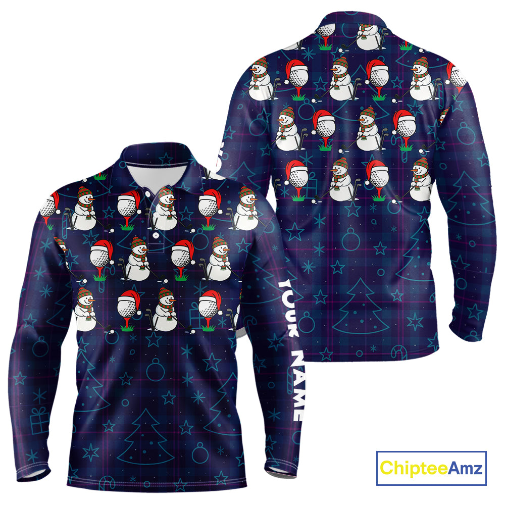 Blue Christmas Plaid pattern snowman Golf Polo Shirts For Men custom Christmas mens golf attire NQS10902