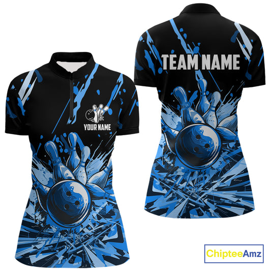 Blue bowling jerseys Bowling Polo, 1/4 Zip Shirt for Women Custom Bowling Team shirts for bowlers NQS11083