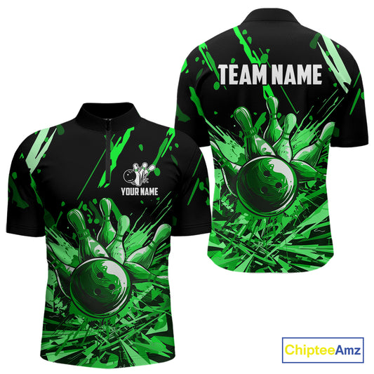 Green bowling jerseys Bowling Polo, 1/4 Zip Shirt for Men Custom Bowling Team shirts for bowlers NQS11084