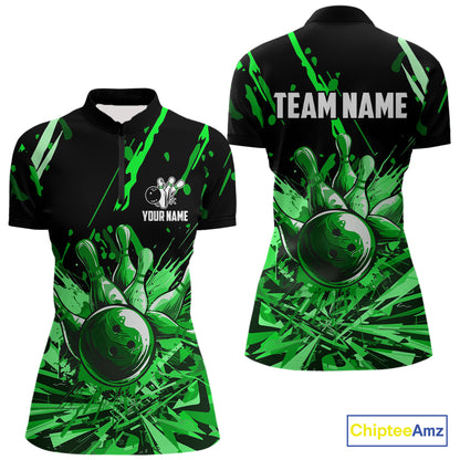 Green bowling jerseys Bowling Polo, 1/4 Zip Shirt for Women Custom Bowling Team shirts for bowlers NQS11084