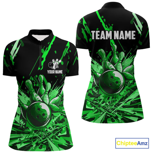 Green bowling jerseys Bowling Polo, 1/4 Zip Shirt for Women Custom Bowling Team shirts for bowlers NQS11084