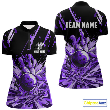 Purple bowling jerseys Bowling Polo, 1/4 Zip Shirt for Women Custom Bowling Team shirts for bowlers NQS11085