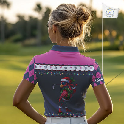 Pink argyle pattern Funny Christmas Flamingo Womens golf polo shirt custom golf attire for ladies NQS11088
