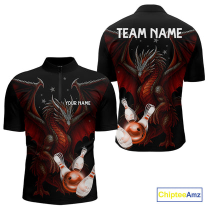 Custom Black And Red Dragon Bowling Shirts For Men, Team Bowling League Shirts NQS11090