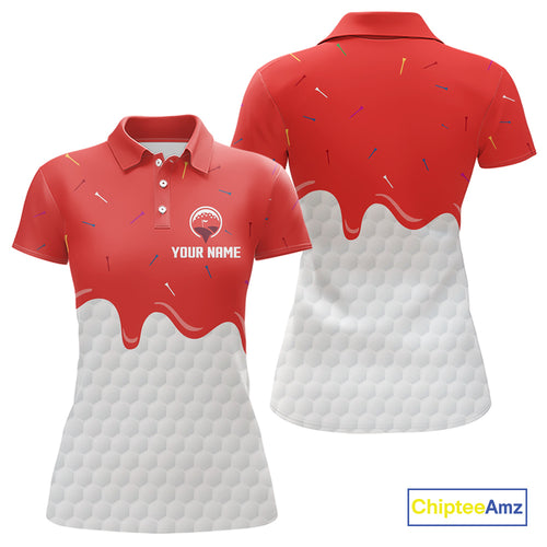 Womens golf polo shirts custom red Ice Cream Melting On Golf Ball, golf gifts for ladies NQS9988