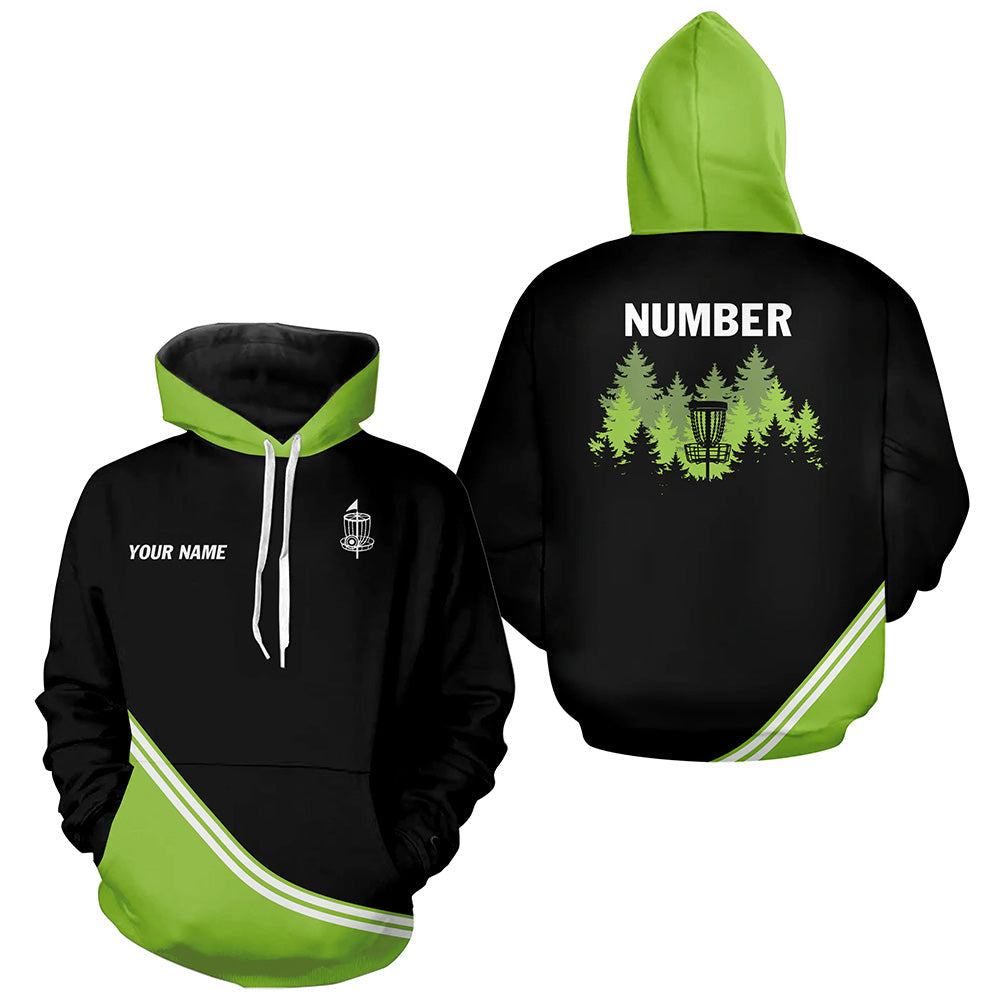 Black and Green disc golf basket in the forest custom Disc Golf Hoodies, disc golf hoodie NQS8752