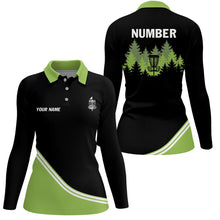 Load image into Gallery viewer, Black and Green disc golf basket in the forest custom Womens disc golf polo shirt, disc golf jersey NQS8752