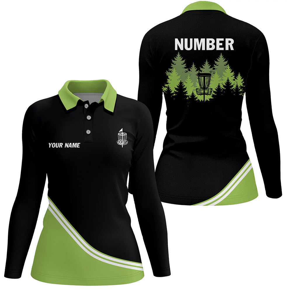 Black and Green disc golf basket in the forest custom Womens disc golf polo shirt, disc golf jersey NQS8752