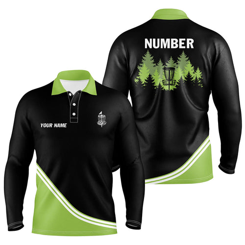 Black and Green disc golf basket in the forest custom Men disc golf polo shirt, disc golf jersey NQS8752