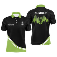 Load image into Gallery viewer, Black and Green disc golf basket in the forest custom Men disc golf polo shirt, disc golf jersey NQS8752