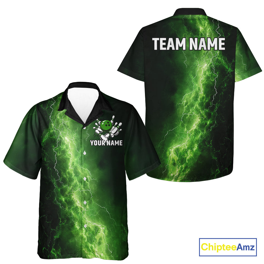 Bowling Hawaiian Shirt Custom Green Lightning Thunder Bowling Team Shirt, gift for team Bowlers NQS10910