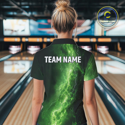 Women's Bowling Shirts Custom Green Lightning Thunder Bowling Team Jersey, gift for team Bowlers NQS10910