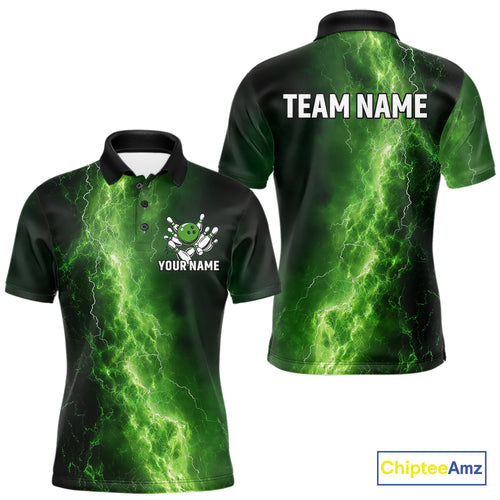 Men's Bowling Shirts Custom Green Lightning Thunder Bowling Team Jersey, gift for team Bowlers NQS10910
