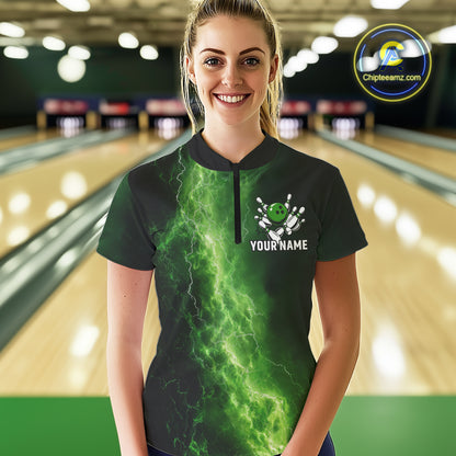 Women's Bowling Shirts Custom Green Lightning Thunder Bowling Team Jersey, gift for team Bowlers NQS10910