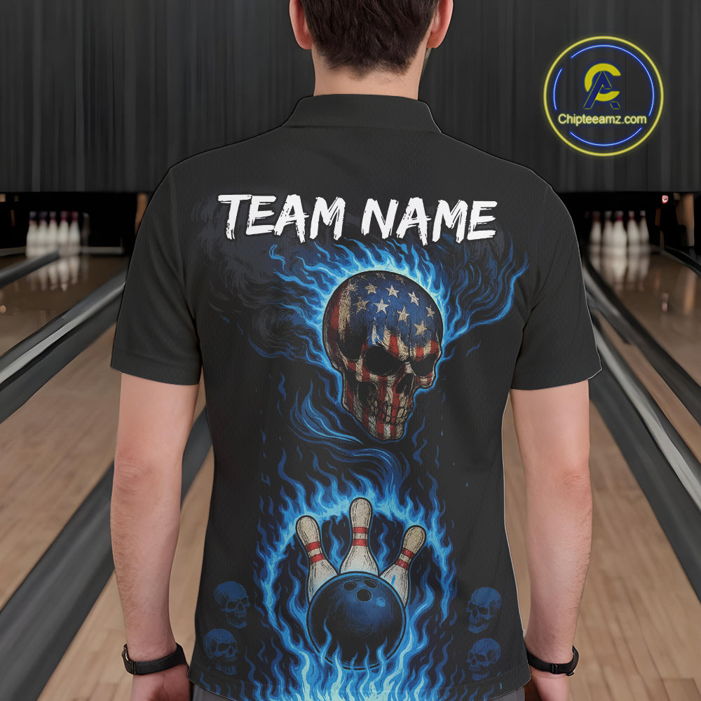 Custom Black and Blue Flame American Flag Skull Bowling Shirts for Men, Bowling Team League Jersey NQS10913