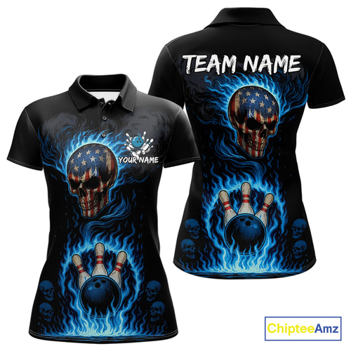 Custom Black and Blue Flame American Flag Skull Bowling Shirts for Women, Bowling Team League Jersey NQS10913