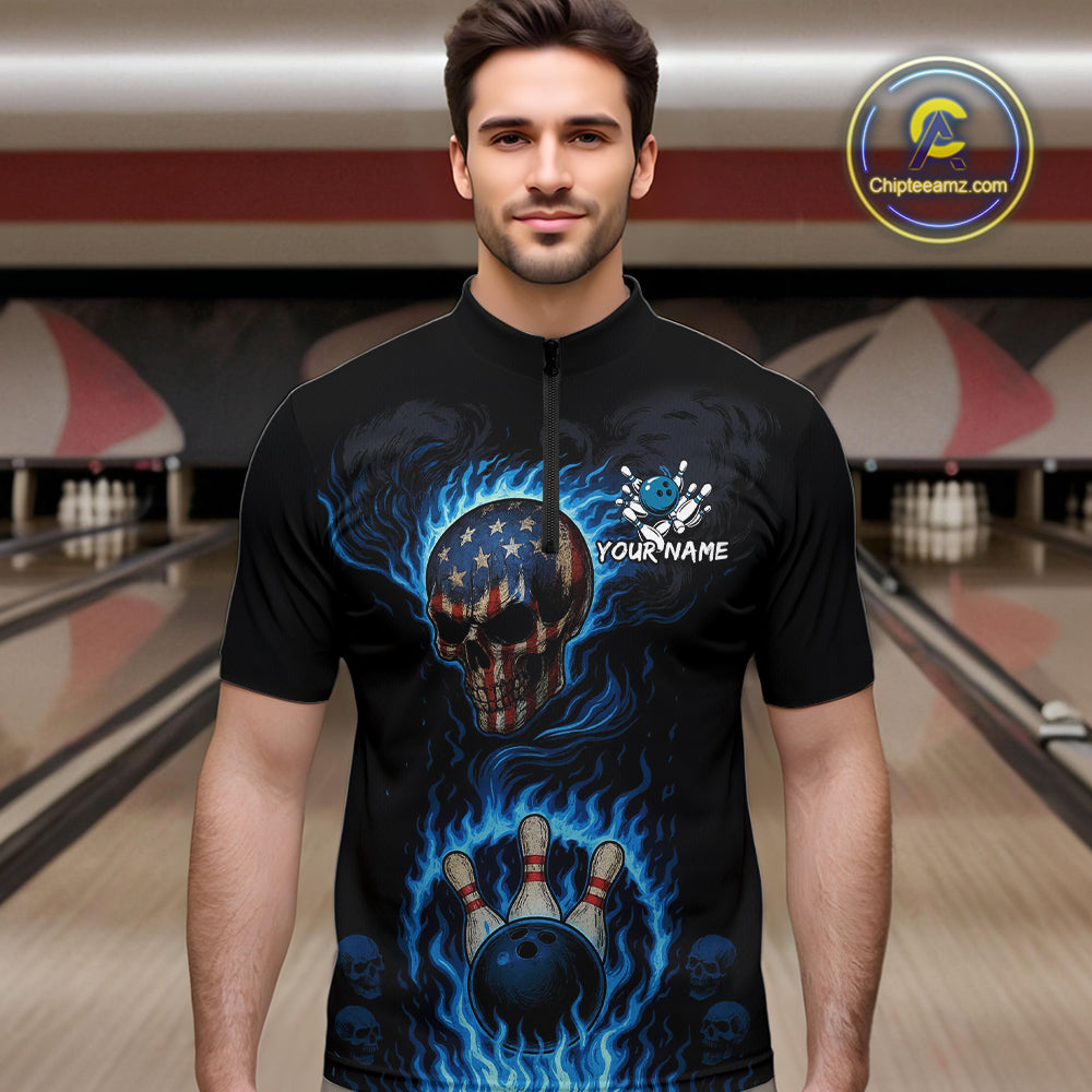 Custom Black and Blue Flame American Flag Skull Bowling Shirts for Men, Bowling Team League Jersey NQS10913