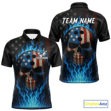 Load image into Gallery viewer, Personalized Blue Flame American Flag Skull Patriotic Bowling Polo, Quarter Zip Shirts for Men NQS10914