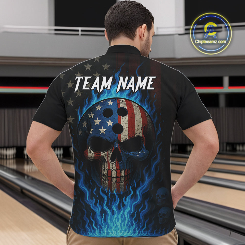 Personalized Blue Flame American Flag Skull Patriotic Bowling Polo, Quarter Zip Shirts for Men NQS10914
