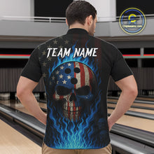 Load image into Gallery viewer, Personalized Blue Flame American Flag Skull Patriotic Bowling Polo, Quarter Zip Shirts for Men NQS10914