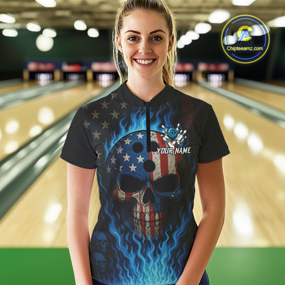 Personalized Blue Flame American Flag Skull Patriotic Bowling Polo, Quarter Zip Shirts for Women NQS10914