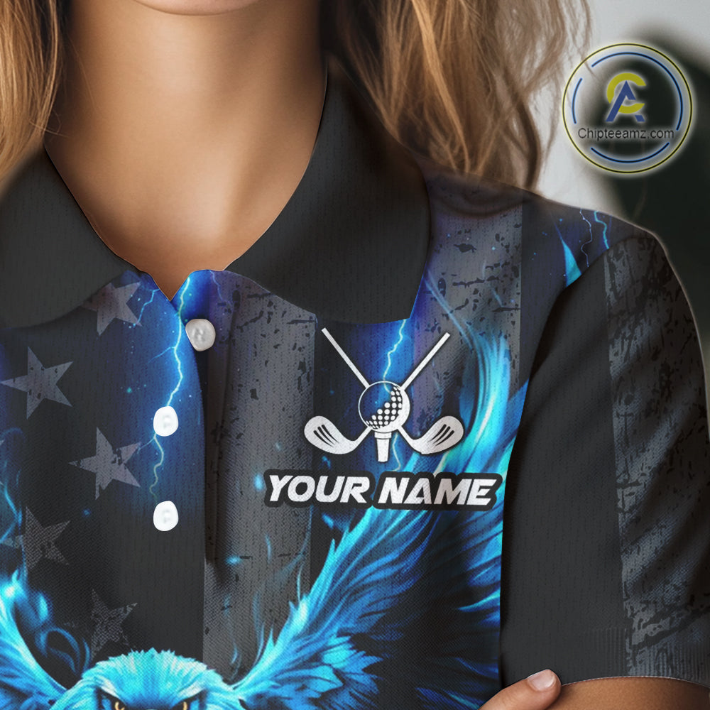 Black American flag Women golf polo shirt Custom blue lightning thunder Eagle patriotic team Golf top NQS11093