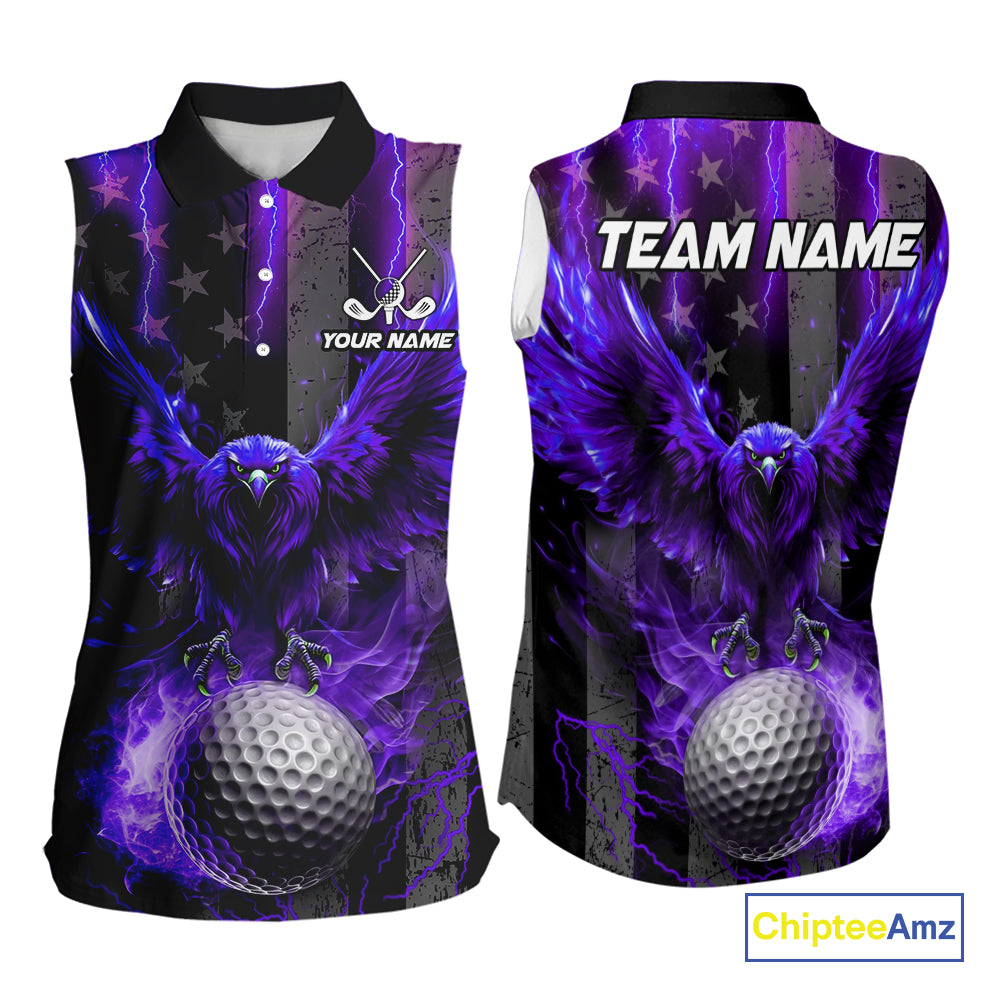 Black American flag Sleeveless polo shirt Custom purple lightning thunder Eagle patriotic Golf top NQS11094