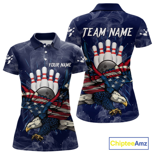 Blue Smoke American Flag Eagle Bowling Shirts For Women Custom patriotic Bowling Team Jersey NQS11288