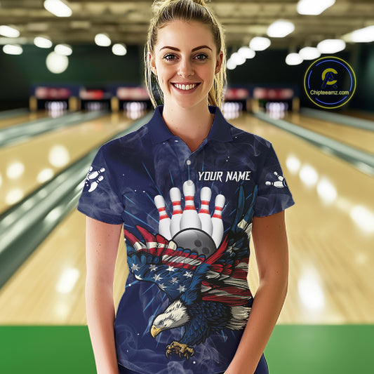 Blue Smoke American Flag Eagle Bowling Shirts For Women Custom patriotic Bowling Team Jersey NQS11288