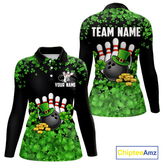 Custom Green clover pattern Bowling shirts for Women, St Patrick's Day bowling apparel, bowling gifts NQS11512