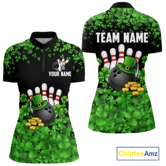 Custom Green clover pattern Bowling shirts for Women, St Patrick's Day bowling apparel, bowling gifts NQS11512