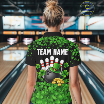 Custom Green clover pattern Bowling shirts for Women, St Patrick's Day bowling apparel, bowling gifts NQS11512