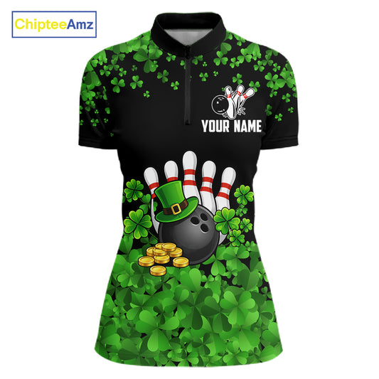 Custom Green clover pattern Bowling shirts for Women, St Patrick's Day bowling apparel, bowling gifts NQS11512