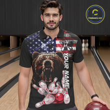 Load image into Gallery viewer, American Flag Bear Bowling Polo, Quarter Zip Shirts for Men Custom patriotic Team Bowling jerseys NQS10287