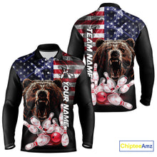 Load image into Gallery viewer, American Flag Bear Bowling Polo, Quarter Zip Shirts for Men Custom patriotic Team Bowling jerseys NQS10287