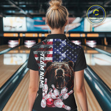 Load image into Gallery viewer, American Flag Bear Bowling Polo, Quarter Zip Shirts for Women Custom patriotic Team Bowling jerseys NQS10287