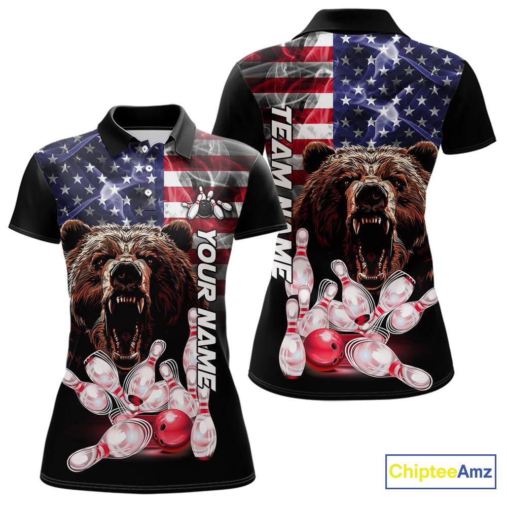 American Flag Bear Bowling Polo, Quarter Zip Shirts for Women Custom patriotic Team Bowling jerseys NQS10287