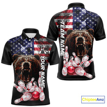 Load image into Gallery viewer, American Flag Bear Bowling Polo, Quarter Zip Shirts for Men Custom patriotic Team Bowling jerseys NQS10287
