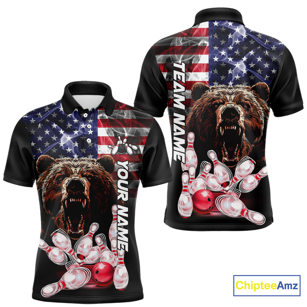American Flag Bear Bowling Polo, Quarter Zip Shirts for Men Custom patriotic Team Bowling jerseys NQS10287