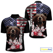 Load image into Gallery viewer, American Flag Bear Bowling Polo, Quarter Zip Shirts for Men Custom patriotic Team Bowling jerseys NQS10287