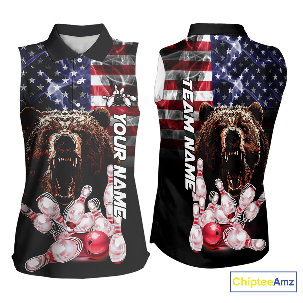 American Flag Bear Bowling Sleeveless Polo shirt Custom patriotic Team Bowling jerseys NQS10287