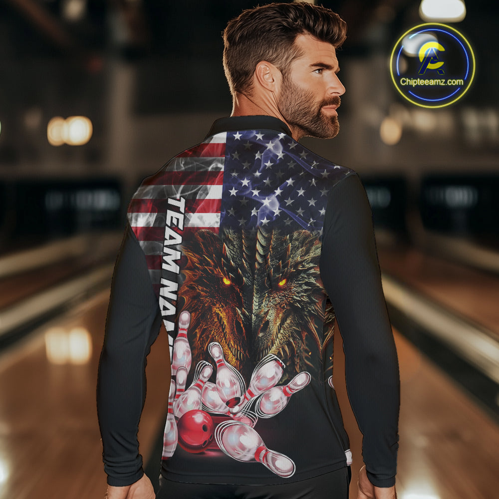 American Flag Dragon Bowling Polo, Quarter Zip Shirts for Men Custom patriotic Team Bowling jerseys NQS10288