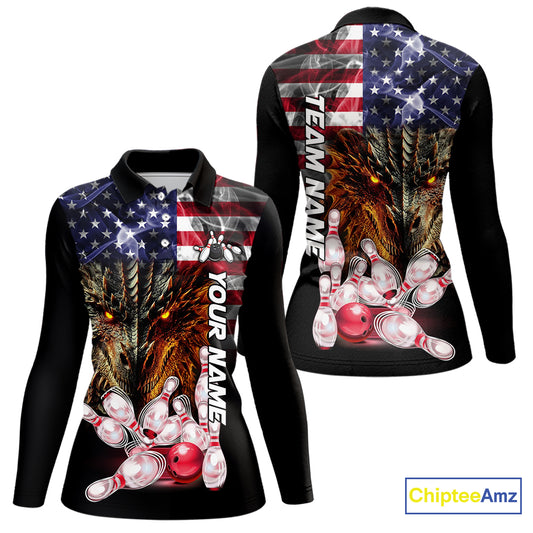American Flag Dragon Bowling Polo, Quarter Zip Shirts for Women Custom patriotic Team Bowling jerseys NQS10288