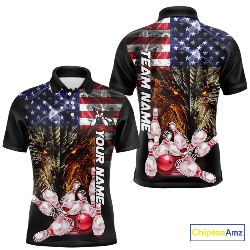 American Flag Dragon Bowling Polo, Quarter Zip Shirts for Men Custom patriotic Team Bowling jerseys NQS10288