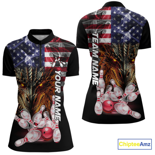 American Flag Dragon Bowling Polo, Quarter Zip Shirts for Women Custom patriotic Team Bowling jerseys NQS10288