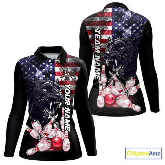 American Flag Panther Bowling Polo, Quarter Zip Shirts for Women Custom patriotic Team Bowling jerseys NQS10289