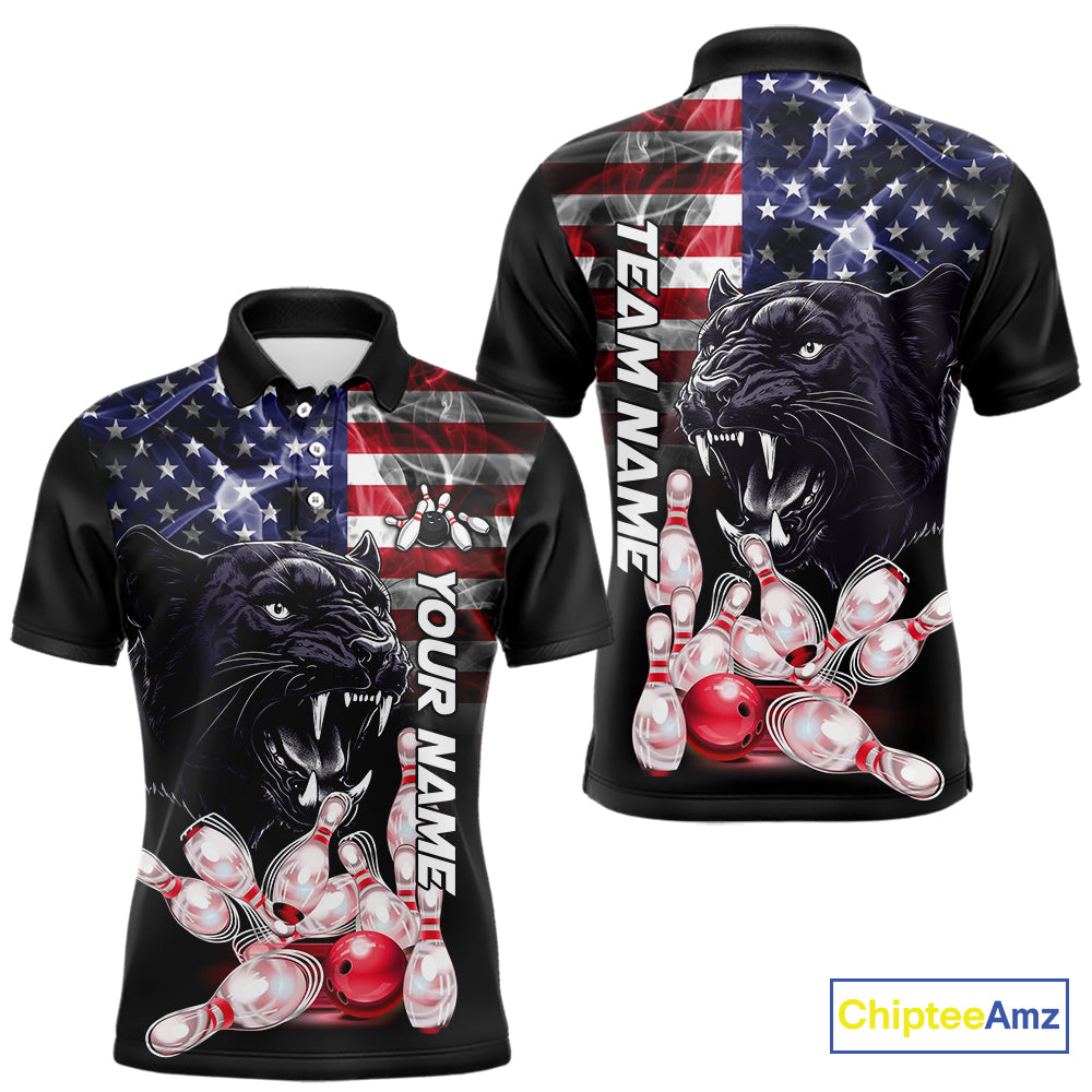 American Flag Panther Bowling Polo, Quarter Zip Shirts for Men Custom patriotic Team Bowling jerseys NQS10289